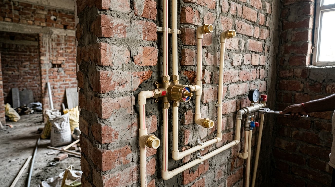 Concealed bathroom wall plumbing with CPVC pipes and brass diverter