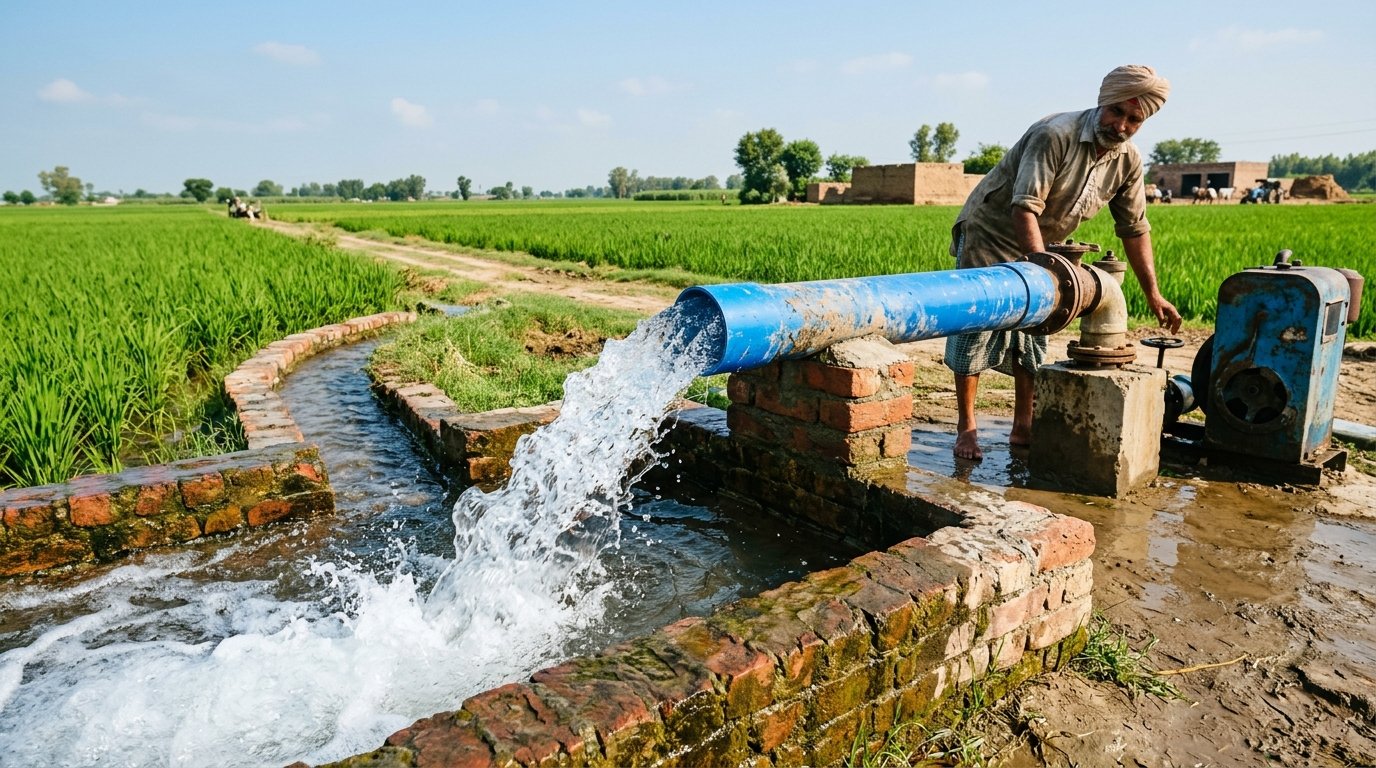 Borewell groundwater delivery outlet discharge in rural agricultural setting