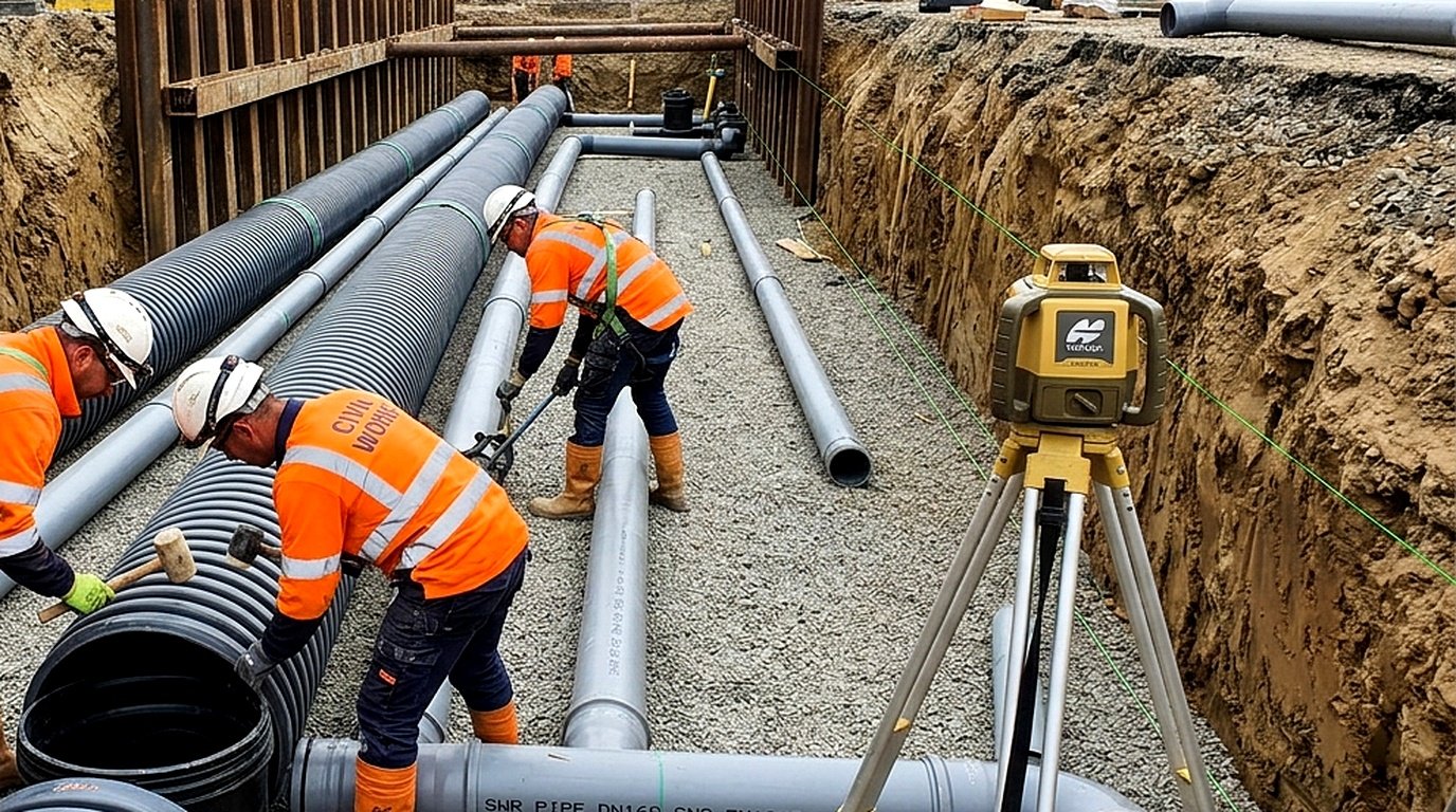 Civil workers using laser leveler in underground drainage pipeline trench