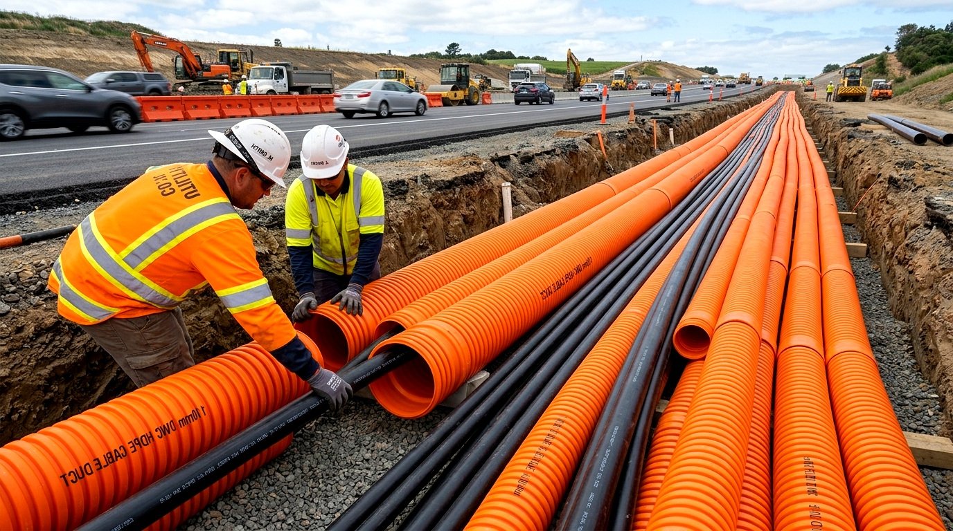 Underground civil trench with DWC corrugated cable conduits along highway
